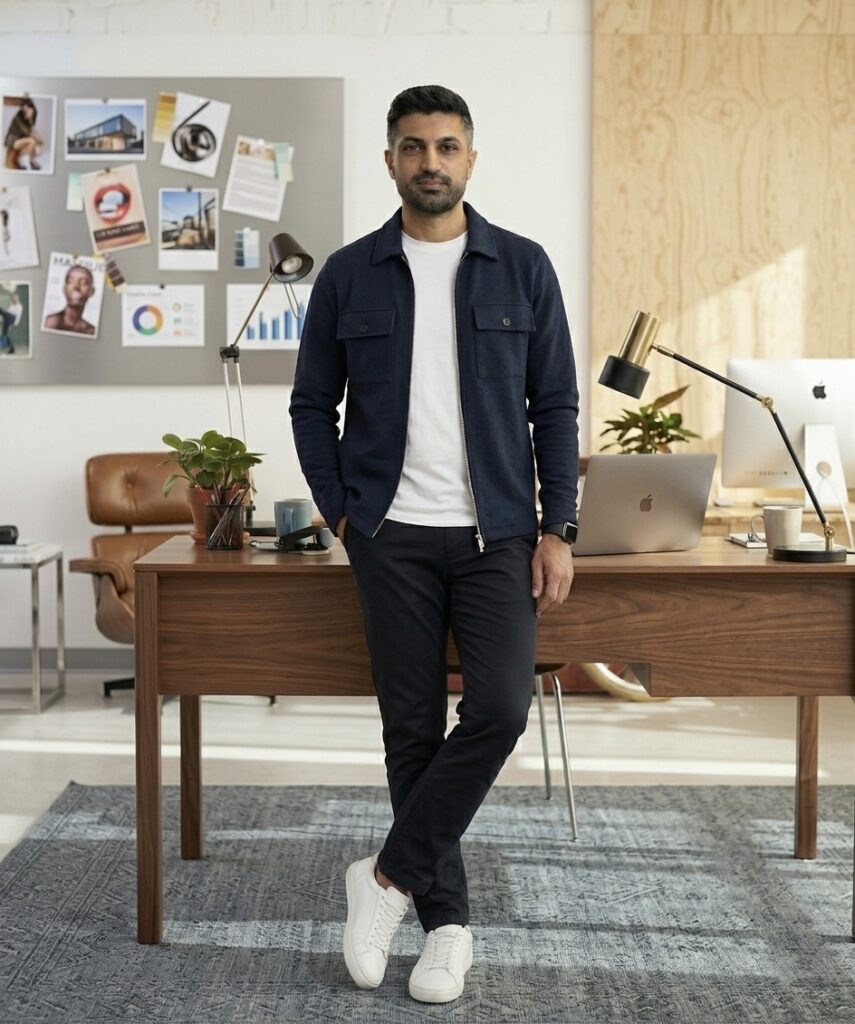 Person steht locker im BĂĽro, angelehnt am Tisch